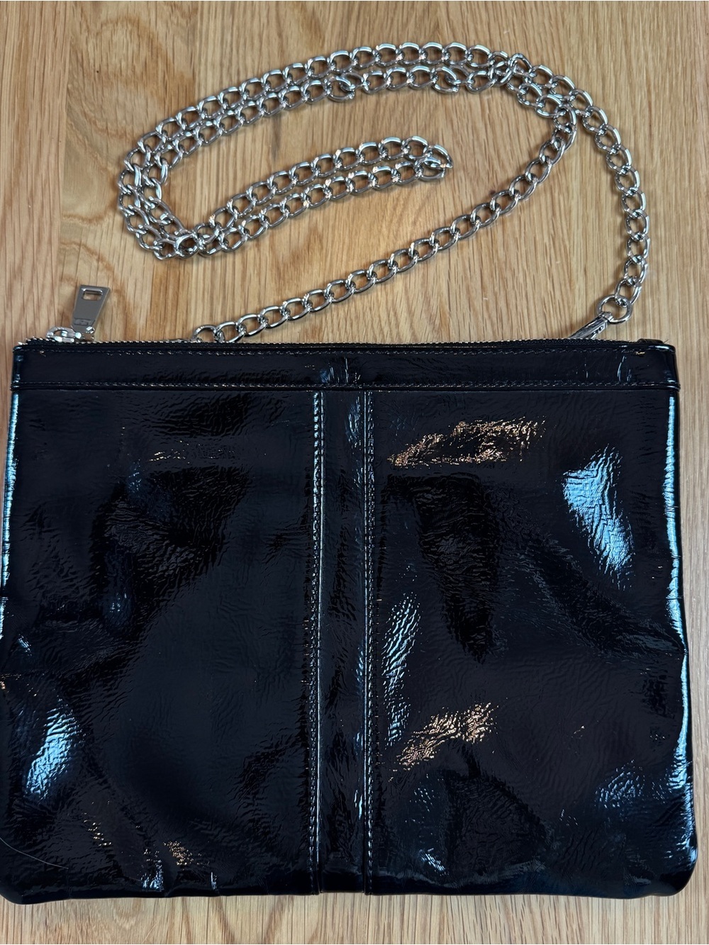 Nella Bella Vegan Black Patent Shoulder Bag with Silver Chain Strap